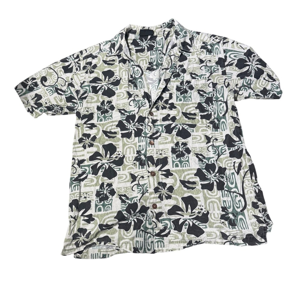 Vintage Anchor Blue Hawaiian‎ Shirt Floral Tribal Green Gray Men's Size XL Flaw